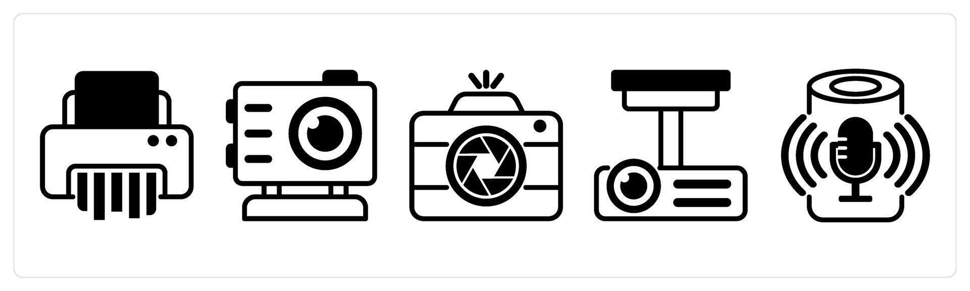 5 device icons as paper shader, gopro, camera, projector in black color vector