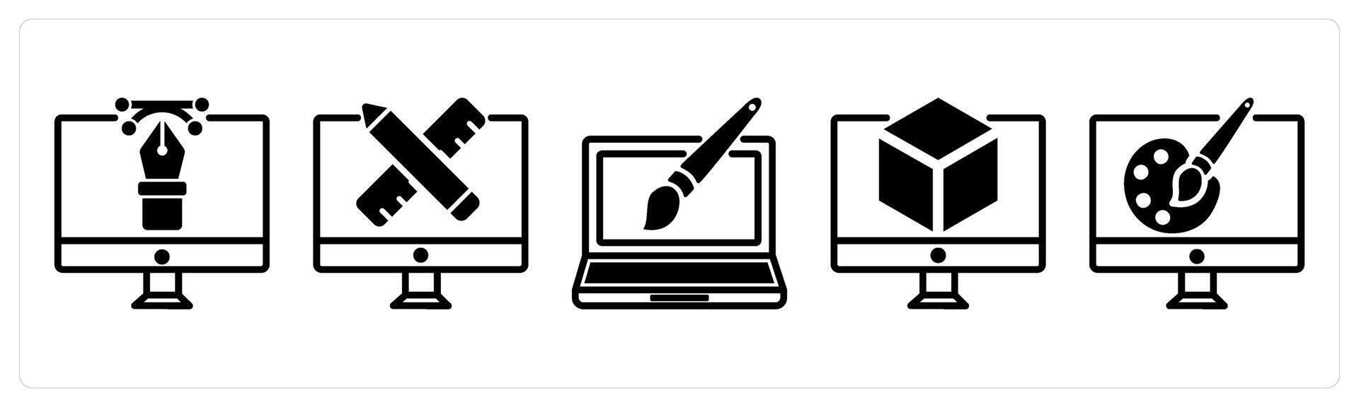 5 design icons as digital design, custom design, web design in black color vector