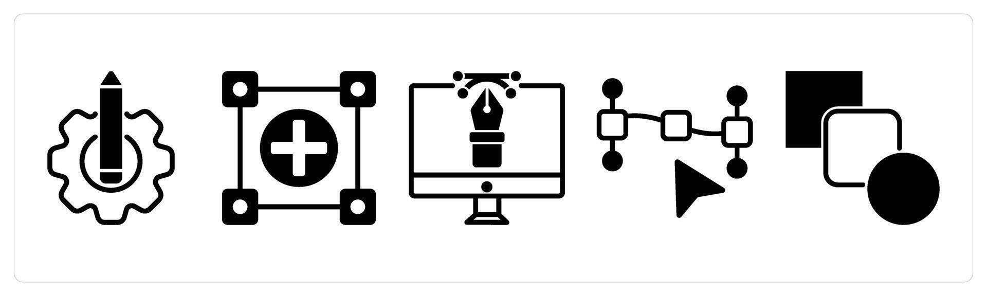 5 design icons as design setting, editable object, digital design in black color vector