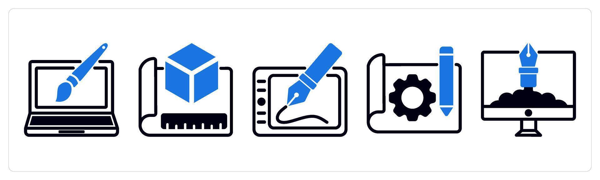 5 design icons as web design, 3d prototype, digital art in blue color vector