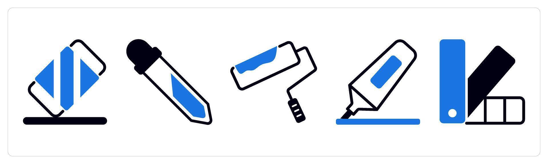 5 design icons as eraser tool, color picker, paint roller in blue color vector