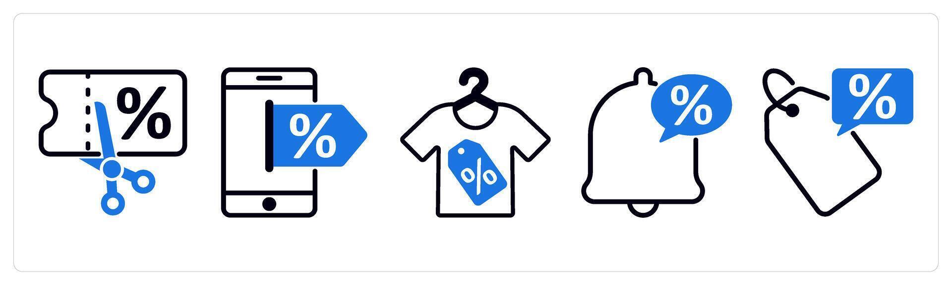 5 blue friday icons as coupon, online discount, cloth sale in blue color vector