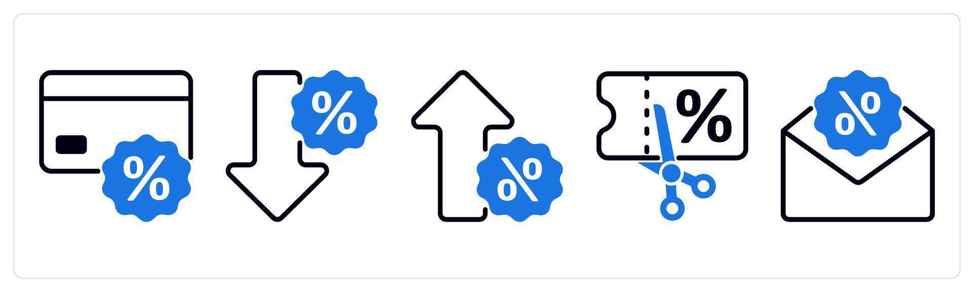 5 blue friday icons as card discount, low discount, high discount in blue color vector