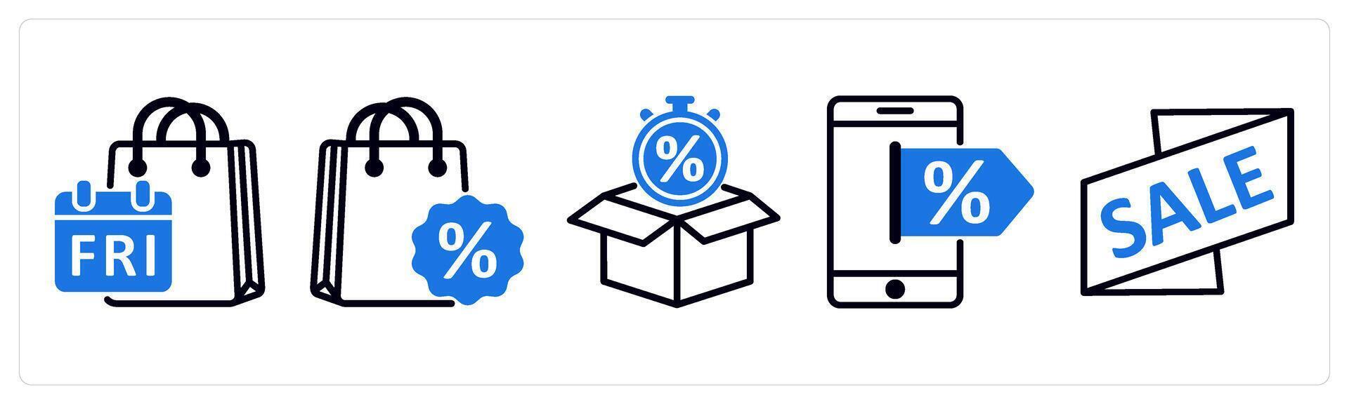 5 blue friday icons as sale bag, discount bag, limited stock in blue color vector