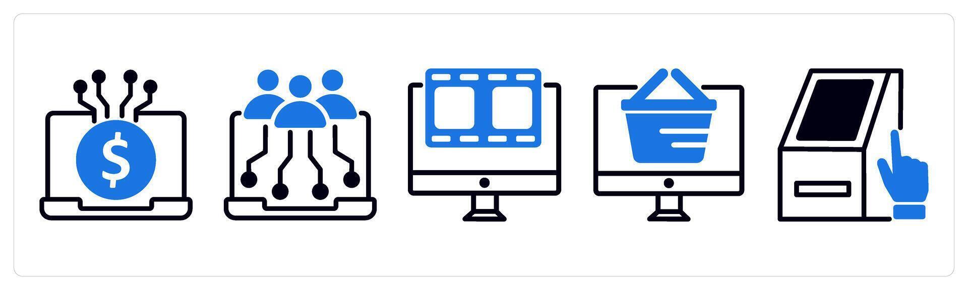5 untact era icons as digital transaction, digital inclusivity, digital entertainment in blue color vector