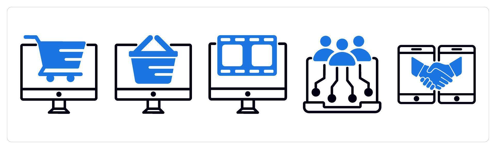 5 untact era icons as online shopping, digital shopping, digital entertainment in blue color vector