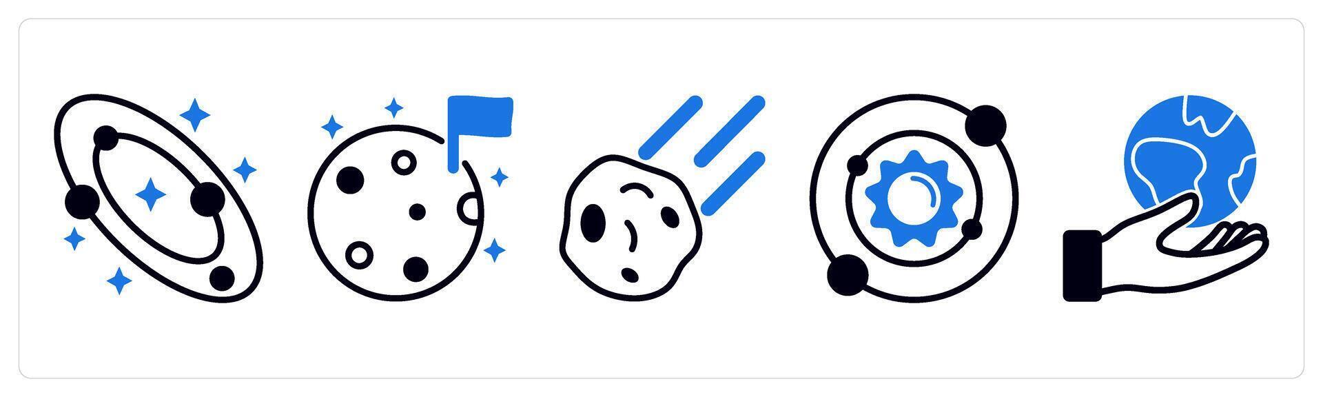 5 space icons as galaxy, moon, comet in blue color vector