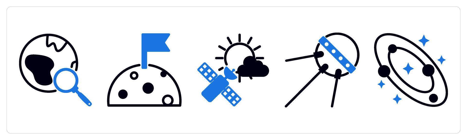 5 space icons as find planet, moon, weather satellite in blue color vector