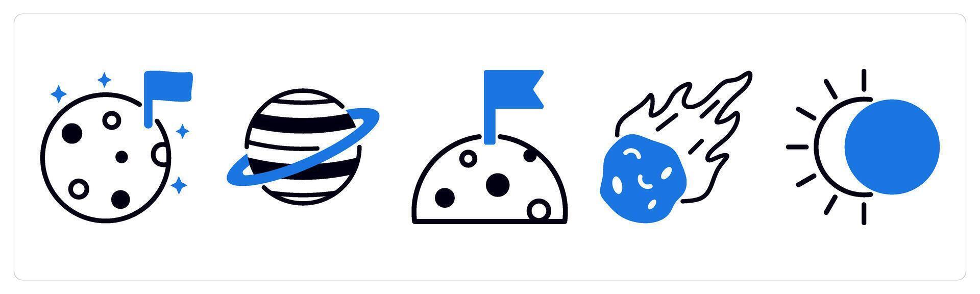 5 space icons as moon, planet, meteorite in blue color vector