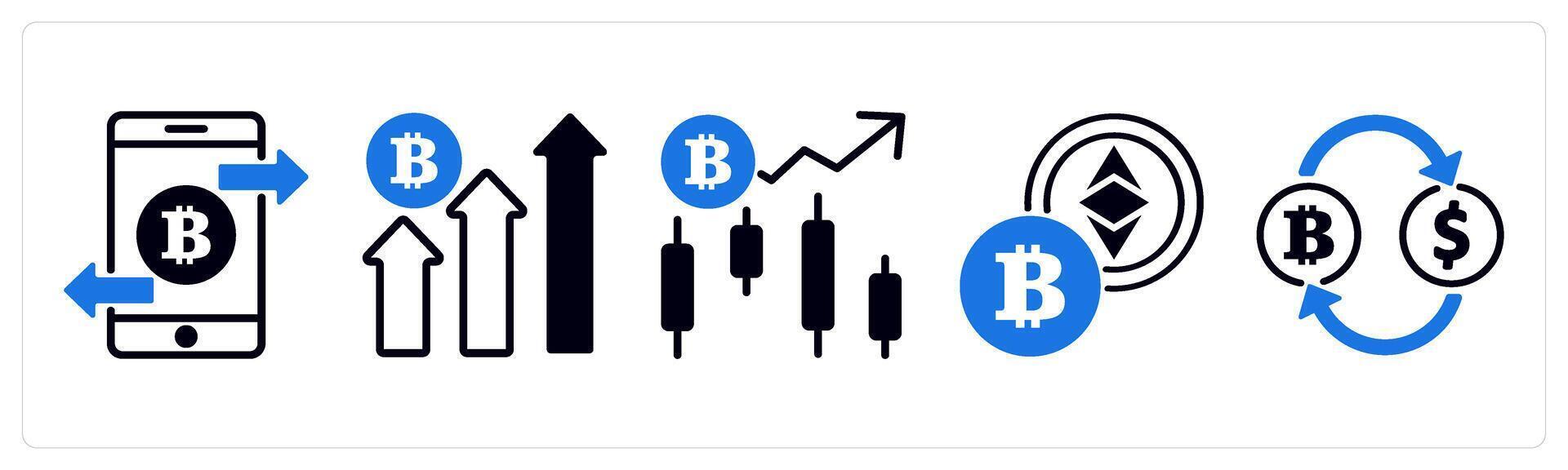 5 cyrptocurrency icons as transaction, cryptocurrency growth, cryptocurrency trend crypto in blue color vector