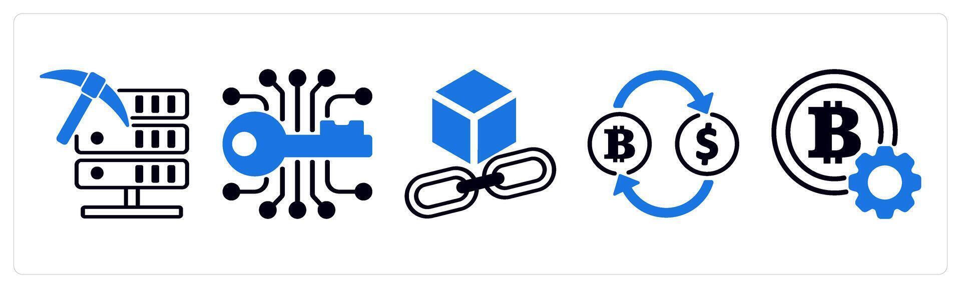 5 cyrptocurrency icons as data mining, encryption key, blockchain link in blue color vector