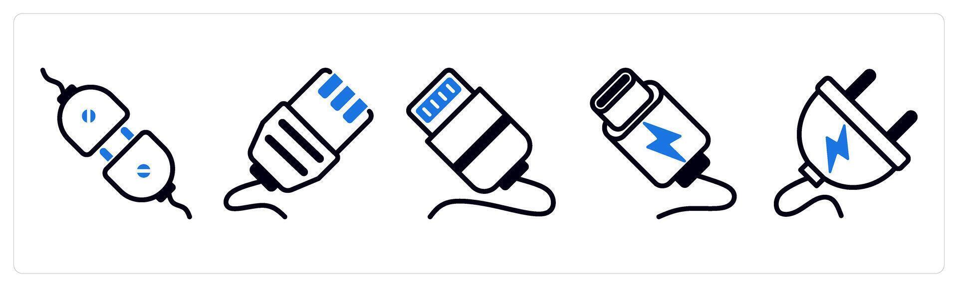 5 device icons as connector, ethernet, cable lightning in blue color vector