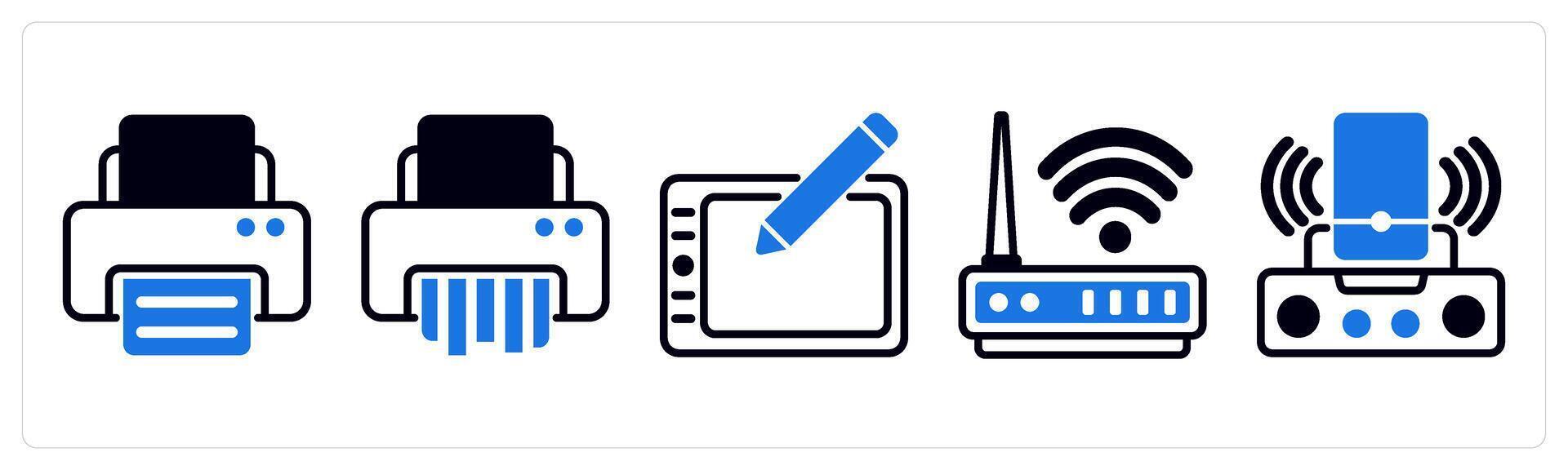 5 device icons as printer, paper shader, wacom in blue color vector