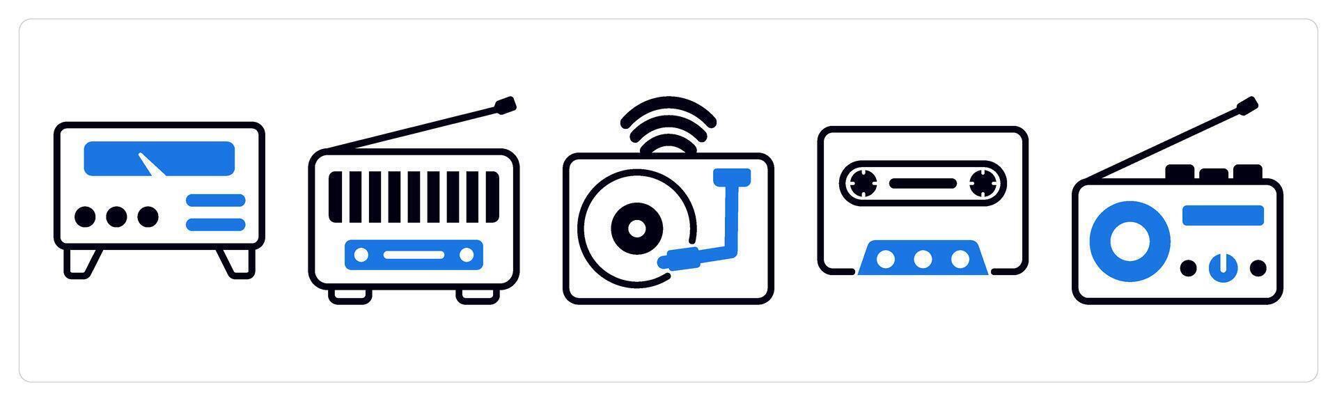 5 device icons as amplifier, radio in blue color vector