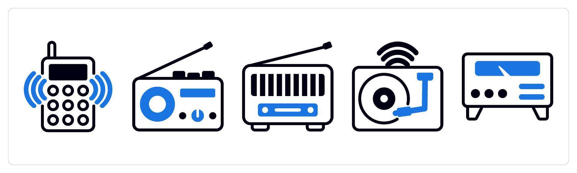 5 device icons as radio phone, radio, vinyl in blue color vector