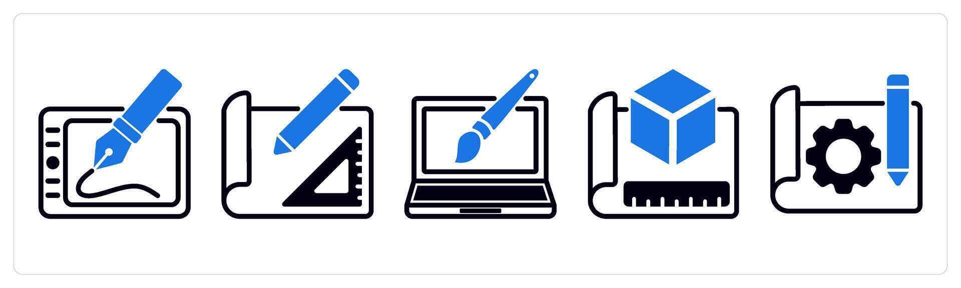5 design icons as digital art, sketch, web design in blue color vector