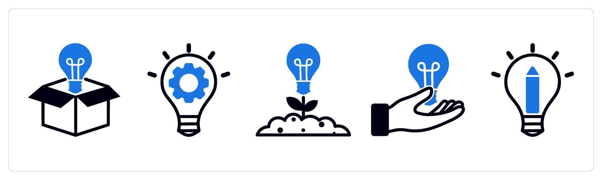 5 design icons as idea out of box, creative process, creative growth in blue color vector