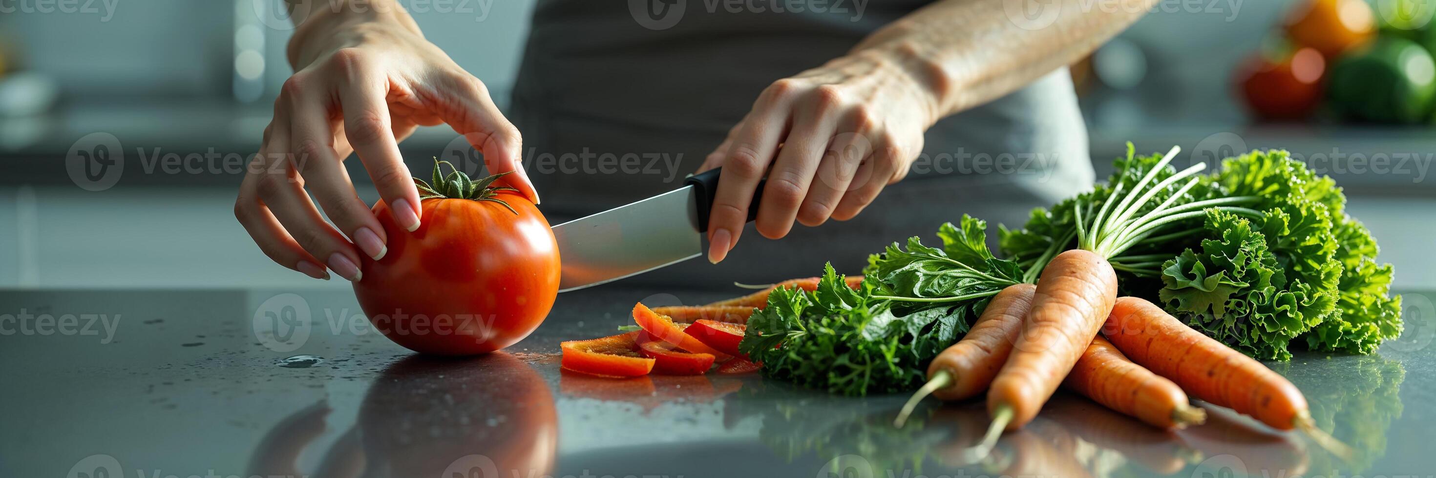 female hands cutting raw tomato with knife in modern kitchen photo
