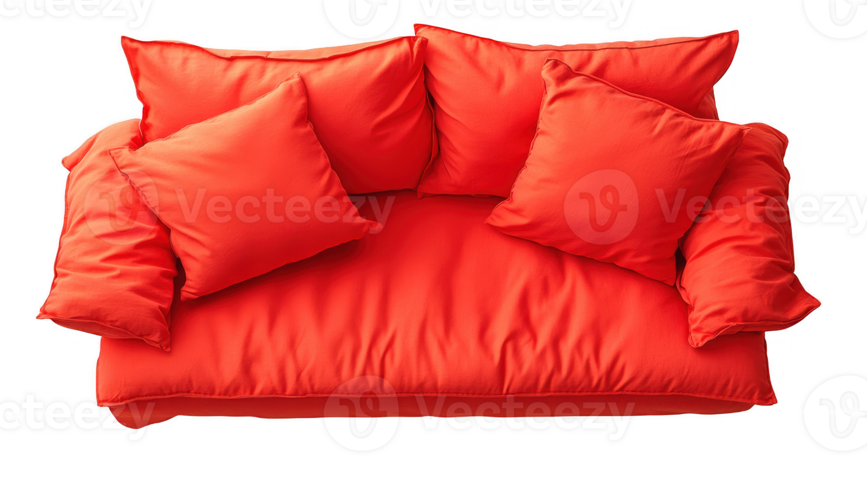Bright red sofa with pillows isolated on transparent background png
