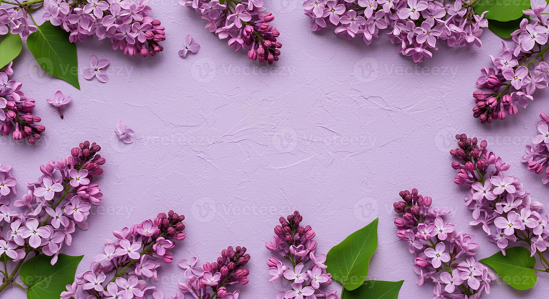 Lilac blooms arranged in a frame on a textured purple background. photo