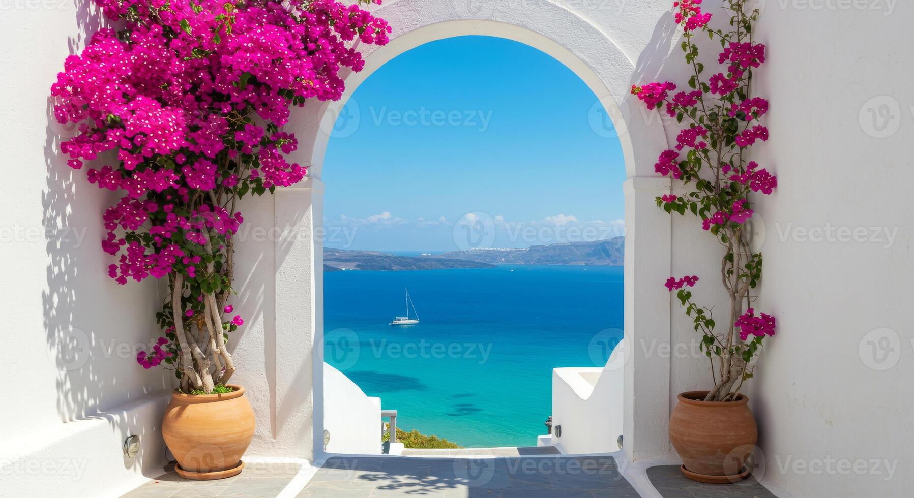 Stunning Aegean View Through a White Archway with Bougainvillea photo