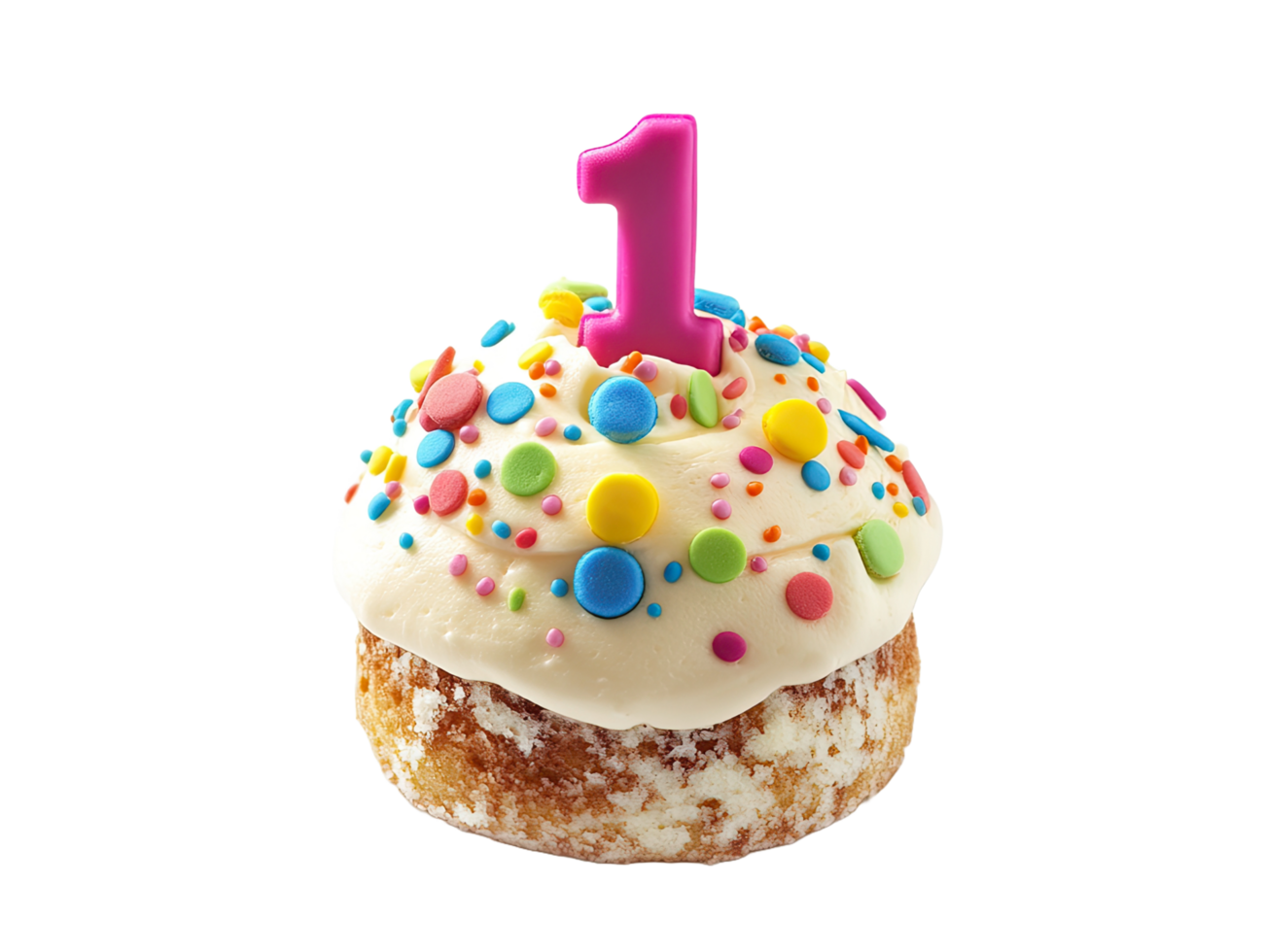 Mini cupcake with white frosting, sprinkles and number one candle png