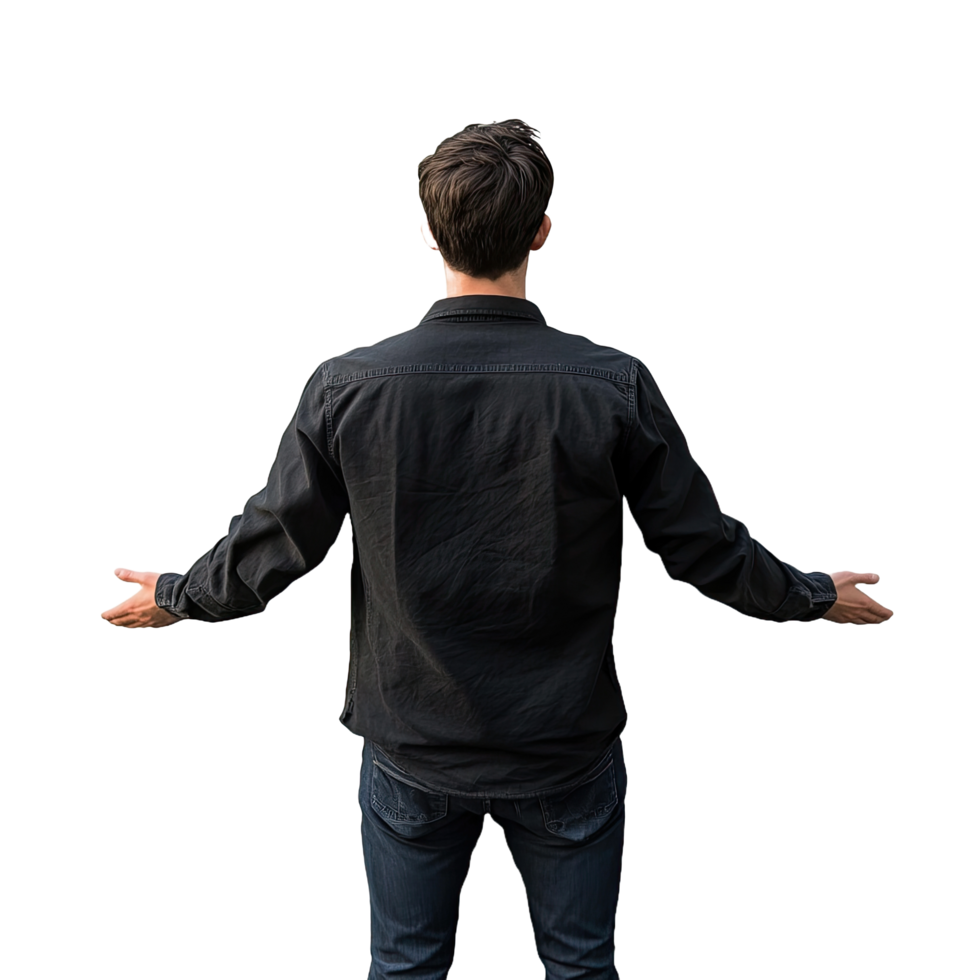 Man standing with open arms facing away, questioning gesture png