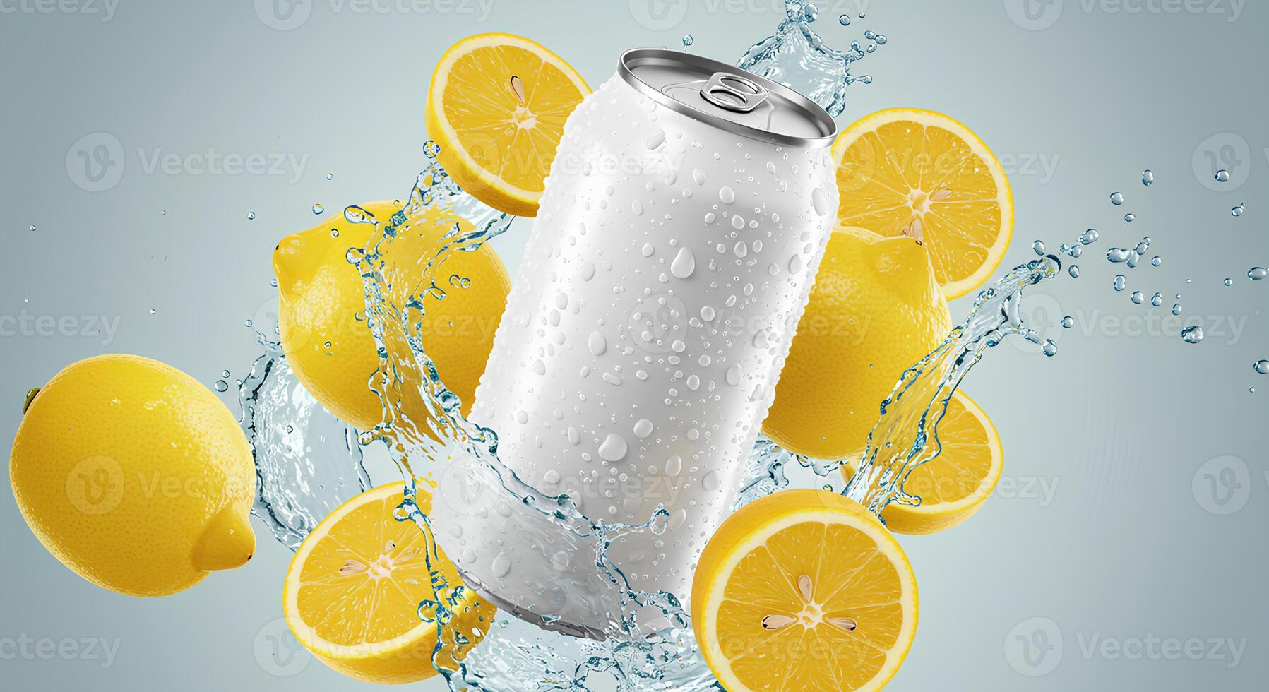 Refreshing White Can with Splashing Lemons photo