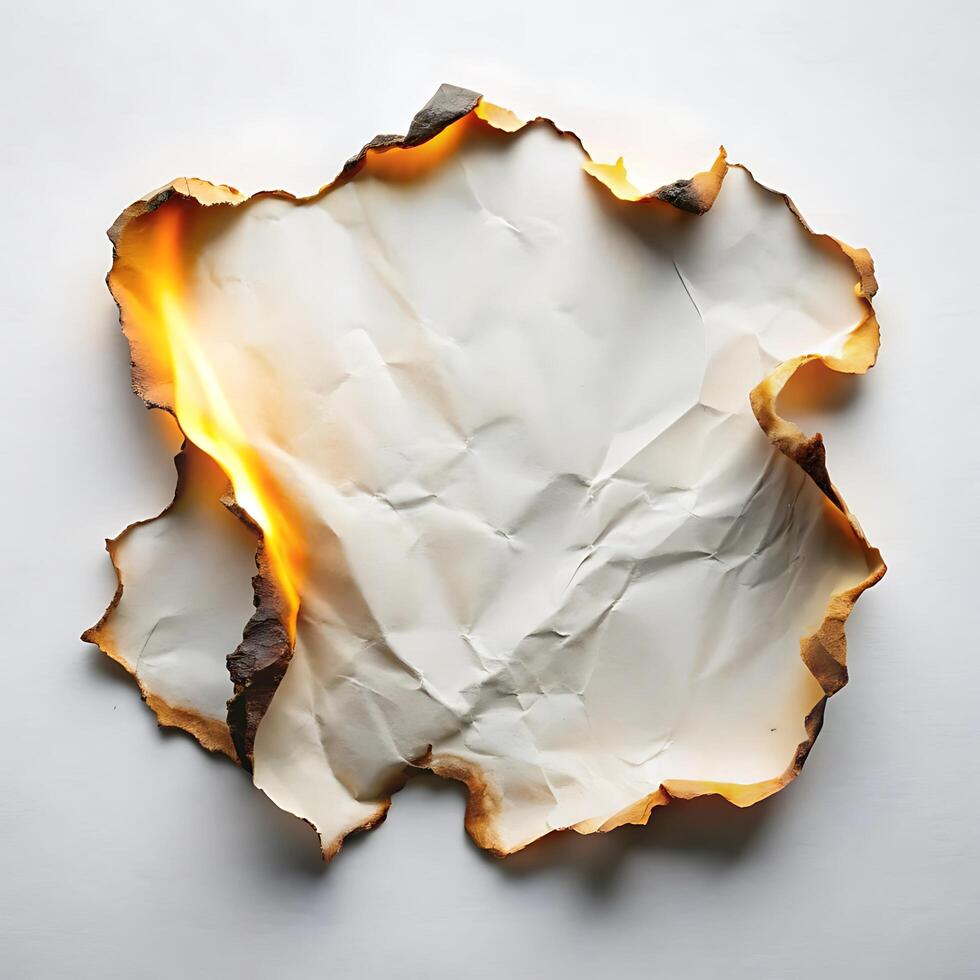 Burnt Crumpled Paper with Flames Edge on White Background Art photo
