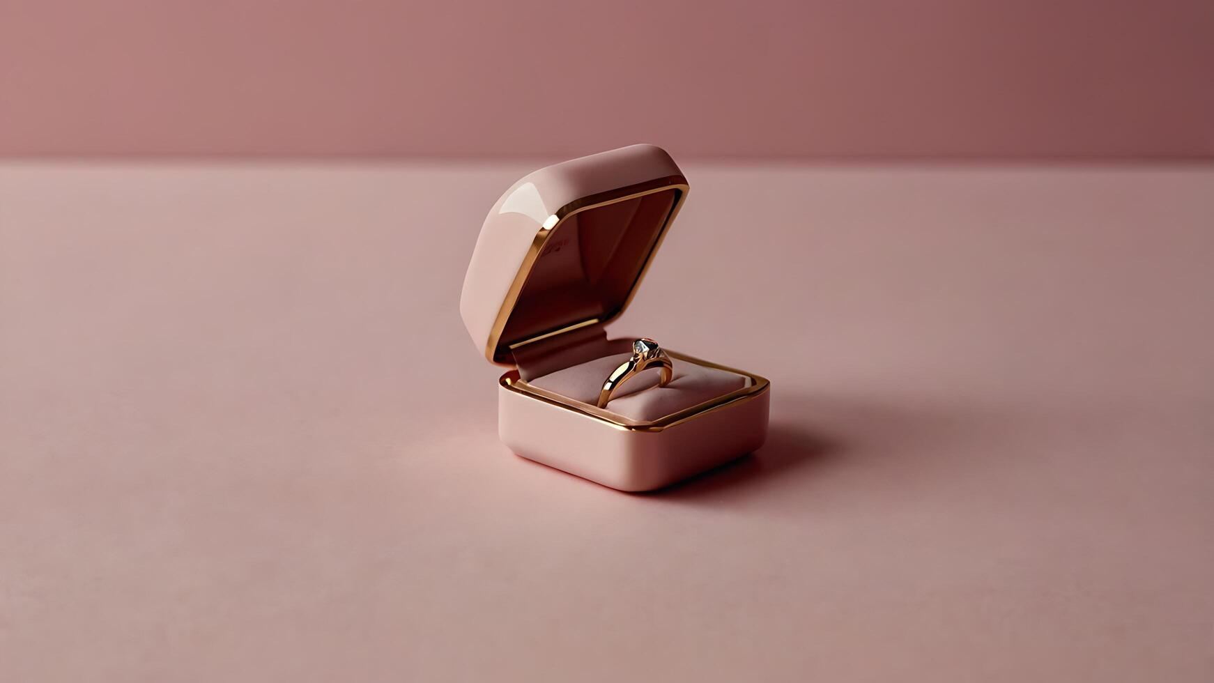 Elegant diamond ring in a luxury pink box on a soft pink background photo