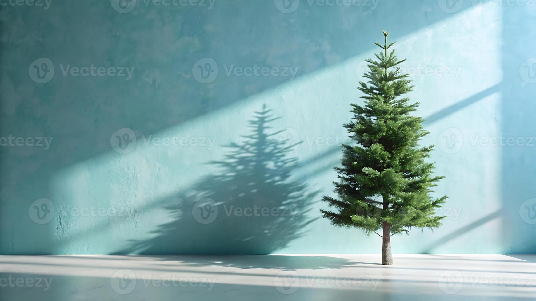 Minimalist Christmas Tree Against Blue Wall Casting Soft Shadows photo