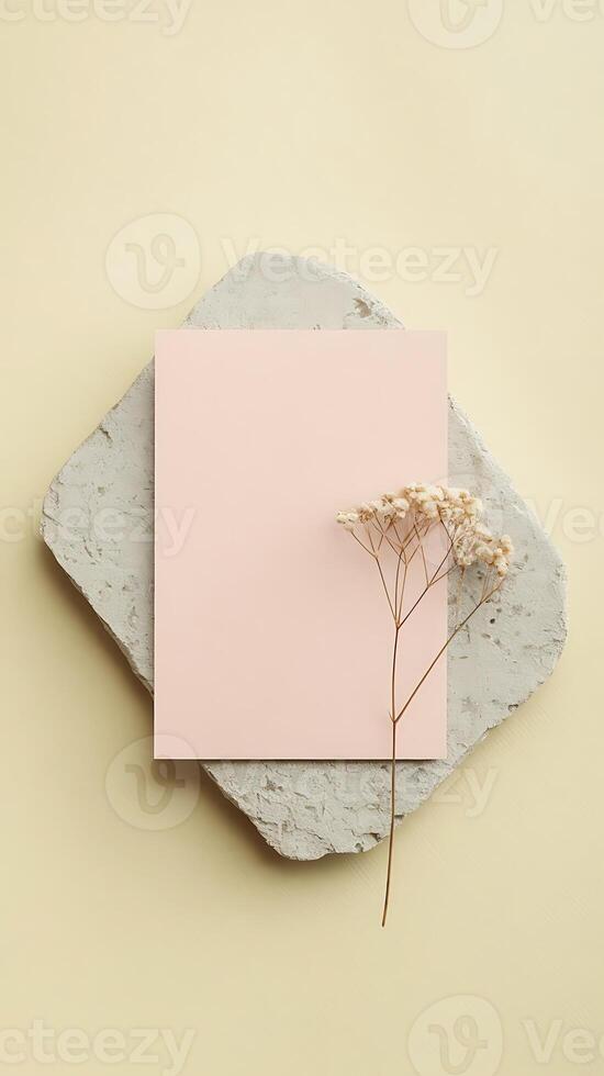 Aesthetic Still Life with Dry Flowers, Stone, and Pastel Pink Card on Beige Background photo