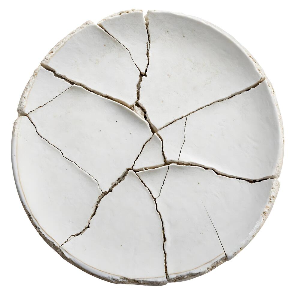 Fragile State, Top-Down View of a Severely Cracked White Plate, Studio Shot photo