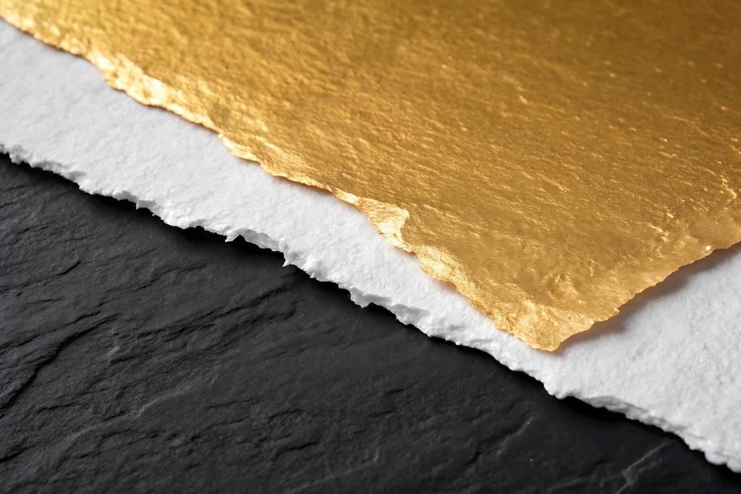 Elegant Layers of Texture, Gold Leaf, White Paper, and Black Stone photo