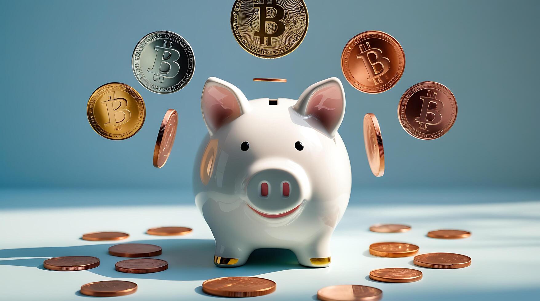 Piggy bank with falling bitcoins for business and personal finance, cryptocurrency and future banking, investments and decentralized digital assets photo