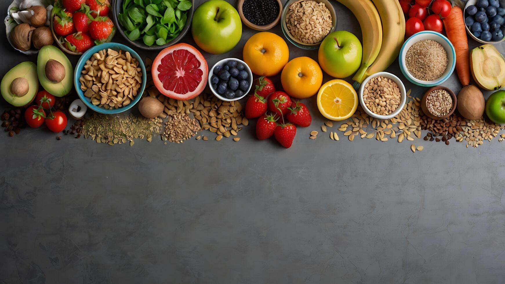 Healthy eating banner for business shows abundance of fresh fruits and vegetables, healthy grains and nuts representing well being photo
