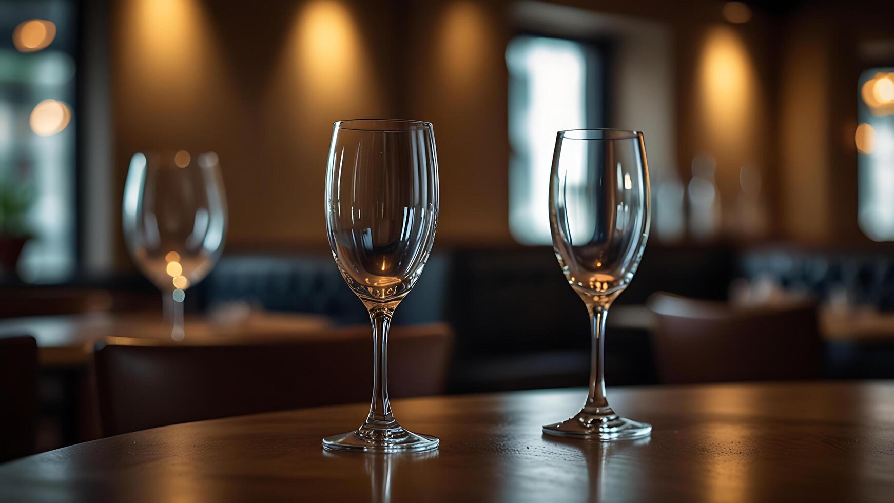 two Elegant Wine Glasses on Table in Restaurant photo