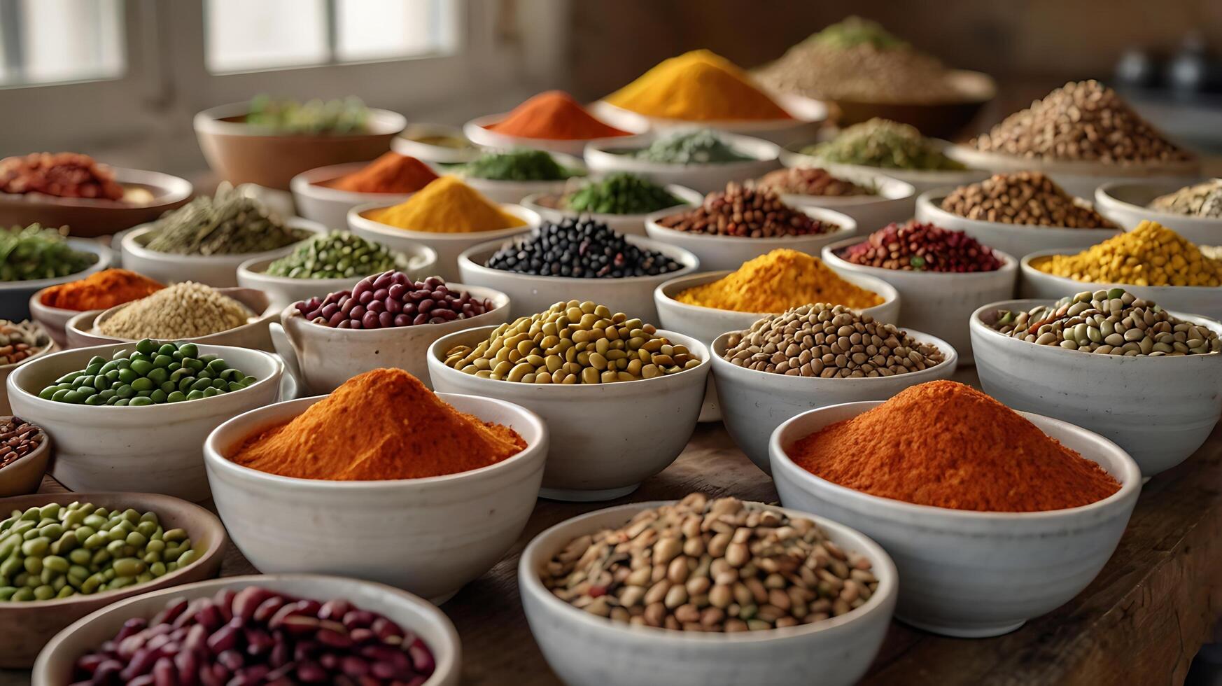 Diverse bowls of spices and grains for healthy culinary business photo