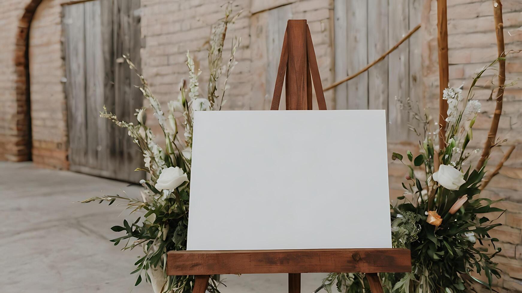 Blank Canvas on Easel Surrounded by Flowers for Business Promotion photo