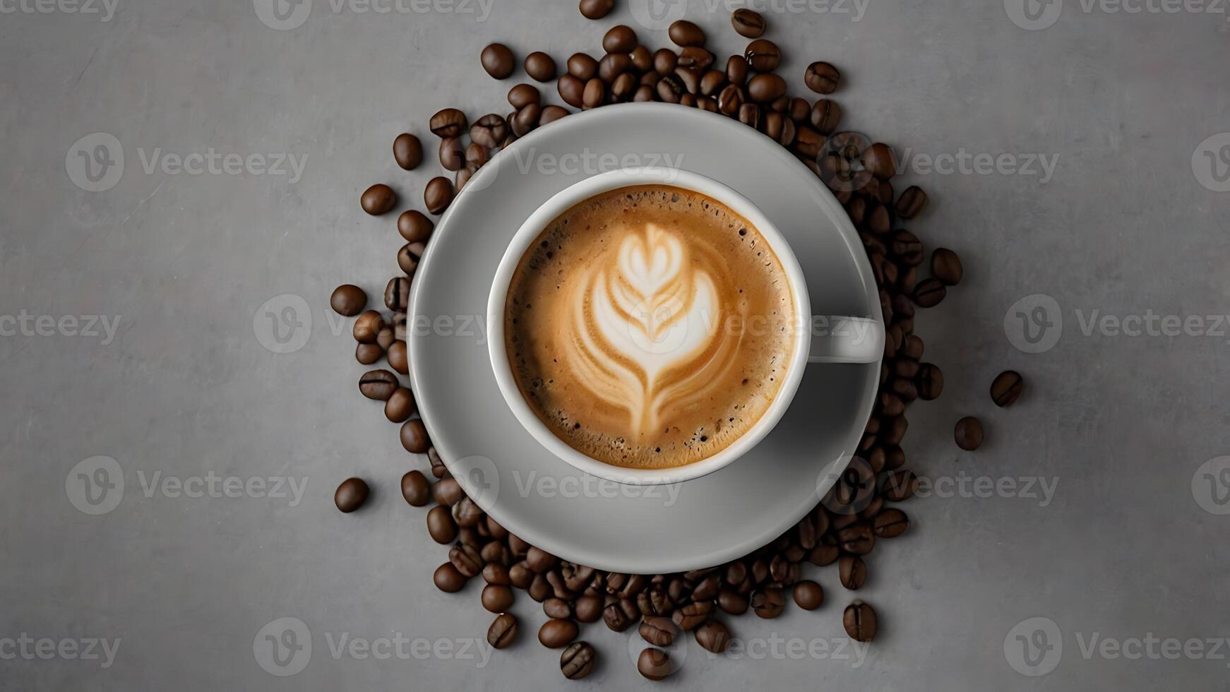 Top-view Image of Coffee Cup with Latte Art surrounded by Coffee Beans photo