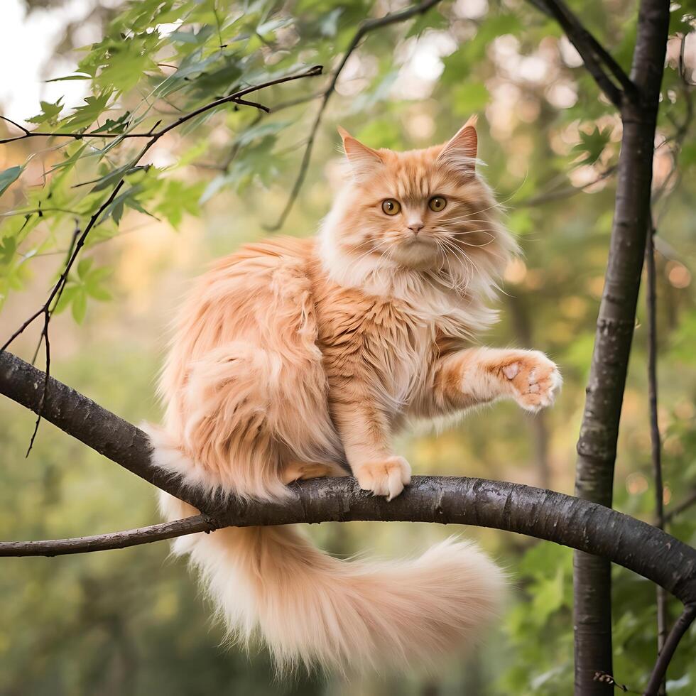 Majestic Ginger Cat Perched on a Tree Branch in a Lush Forest Setting photo