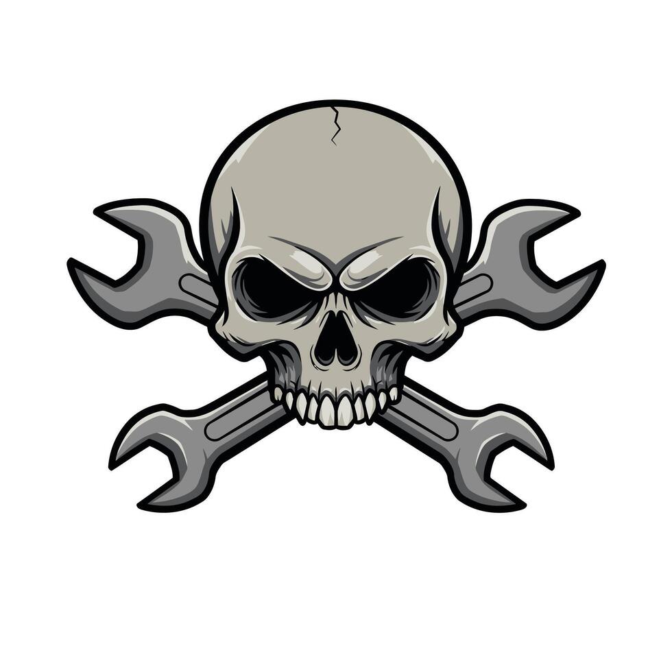 Skull with wrenches on his head logo design vector