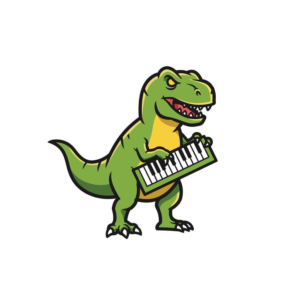 Cartoon dinosaur playing the keyboard logo design vector