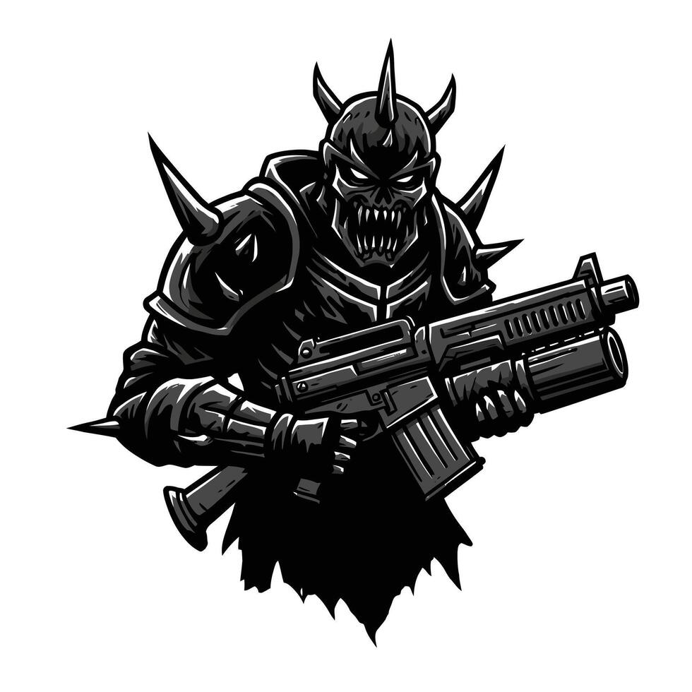 Demon holding a gun logo design in black vector
