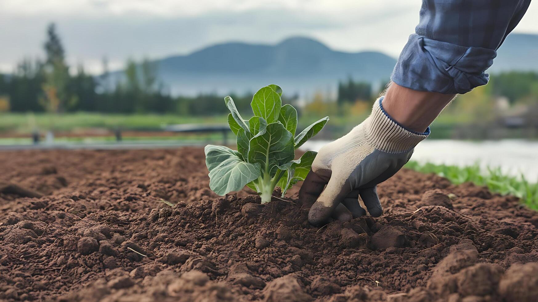 Hand planting a young cabbage seedling in fertile soil garden photo