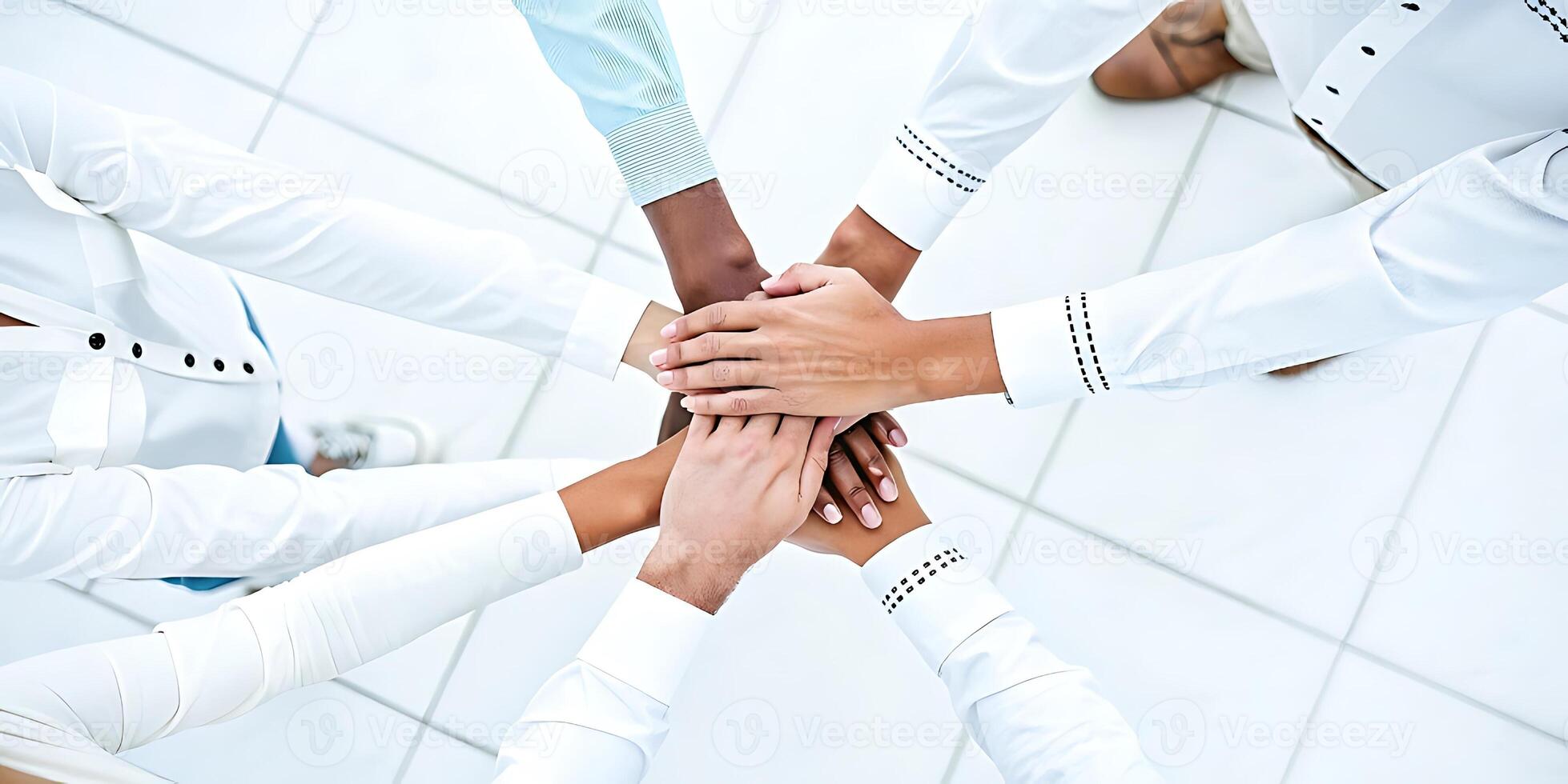 Diverse Business Team Stacking Hands in Unity and Collaboration Showcasing Teamwork and Success photo