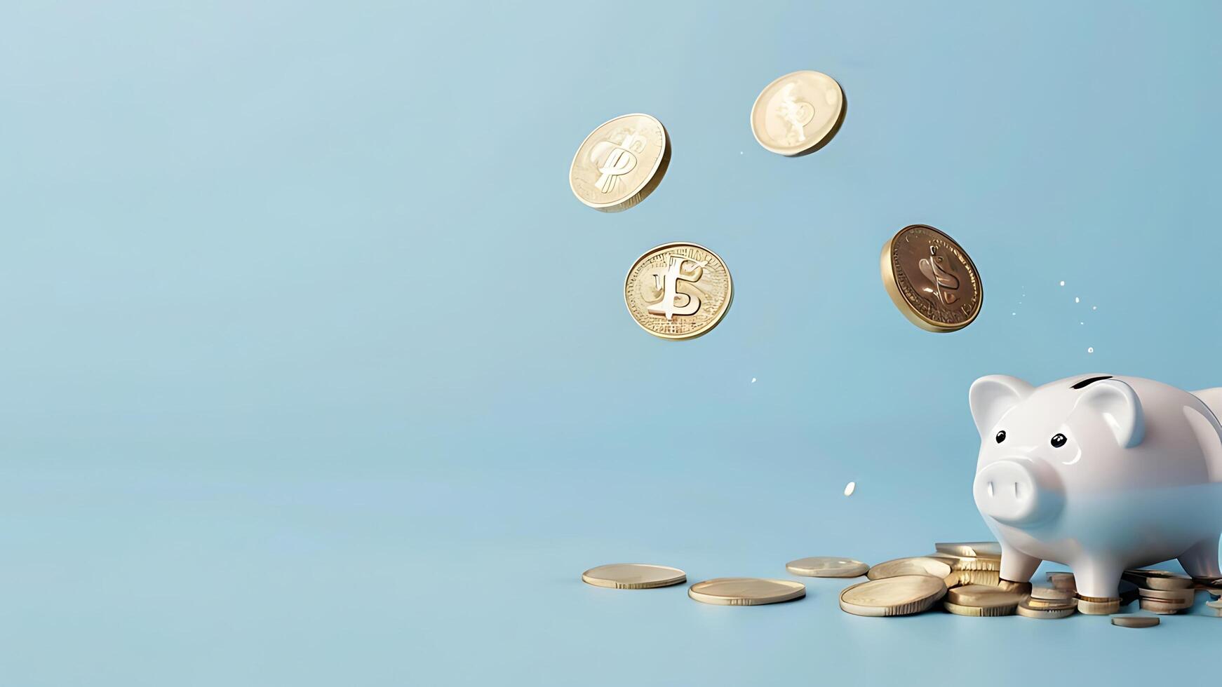 Piggy Bank with Coins Floating in Air on Light Blue Background photo