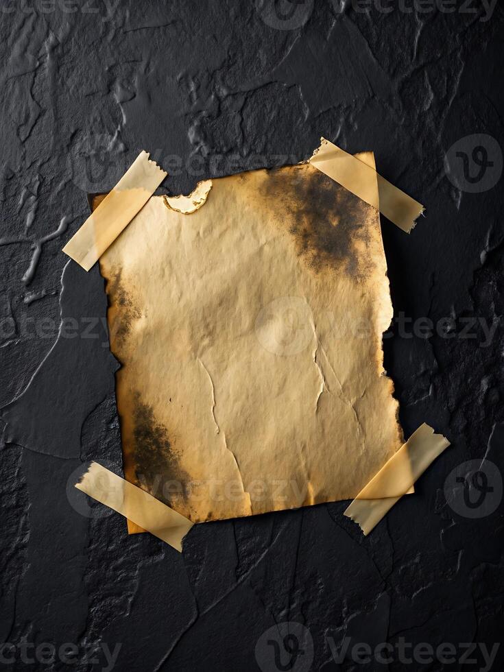 Vintage Burnt Paper Texture Background with Tape on Black Wall photo