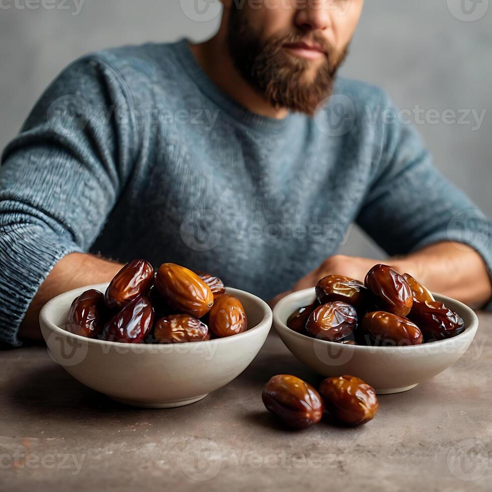 A bearded man sitting with two bowls of fresh dates on a table photo
