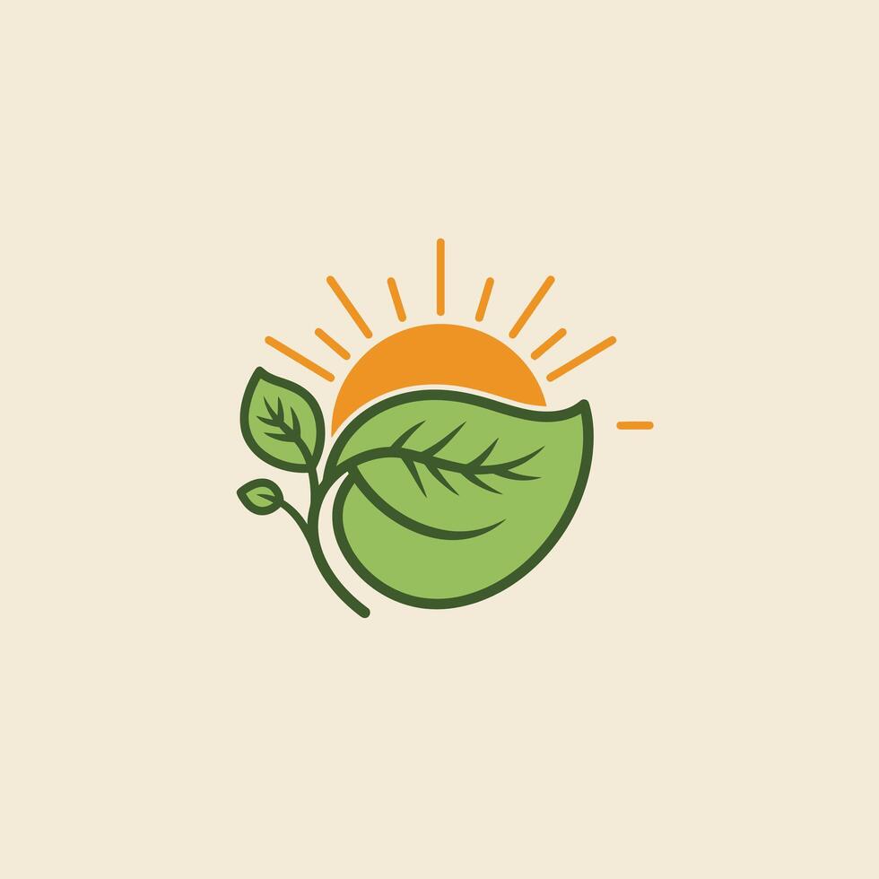 Logo design of green leaves with sun in the background vector